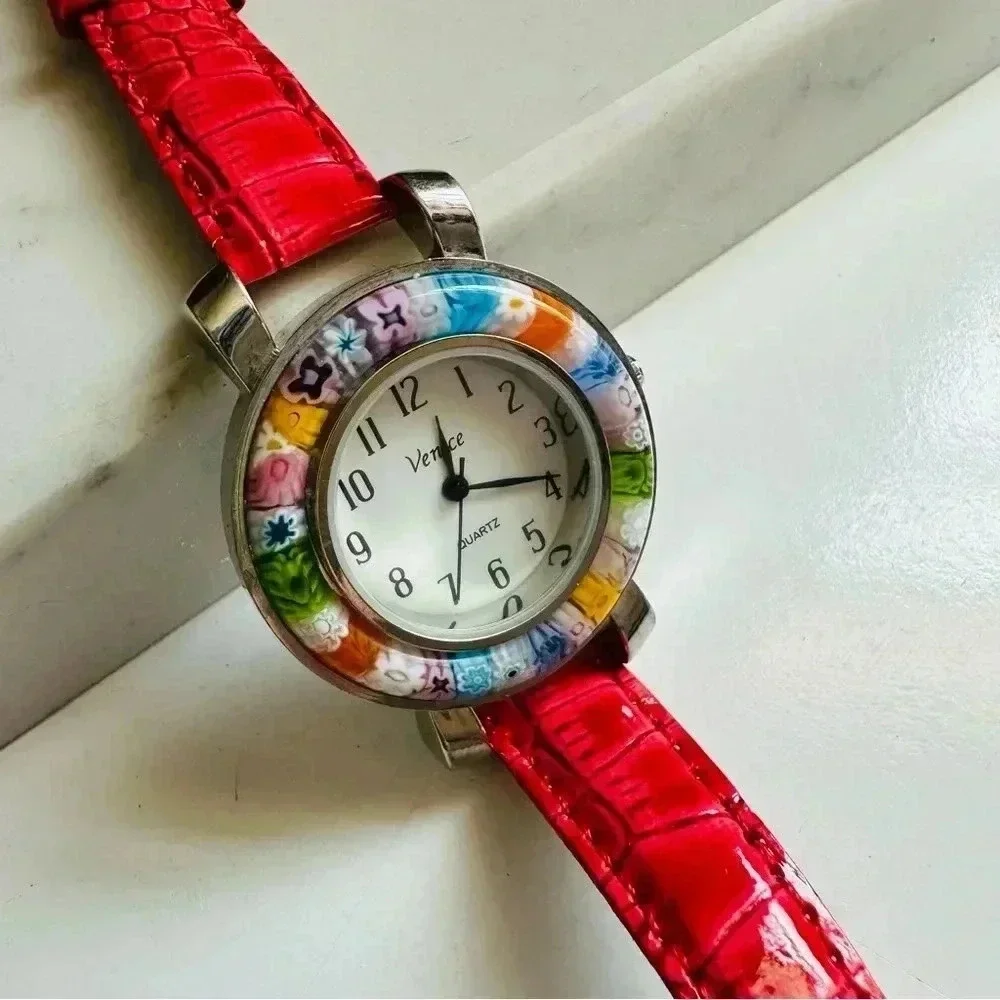 GlassOfVenice Serena Murano Millefiori Watch With Leather Band - Red